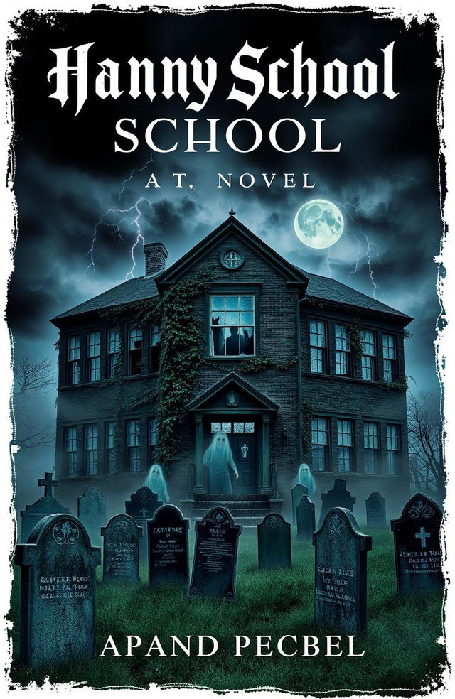 A hauntingly atmospheric novel cover depicting a creepy, abandoned school building that stands ominously over a graveyard