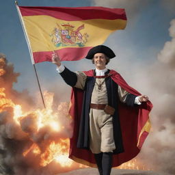 The image of Christopher Columbus in classic attire now also holding a waving Spanish flag, all staged in front of a large, dynamic explosion.