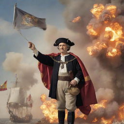 The image of Christopher Columbus in classic attire now also holding a waving Spanish flag, all staged in front of a large, dynamic explosion.