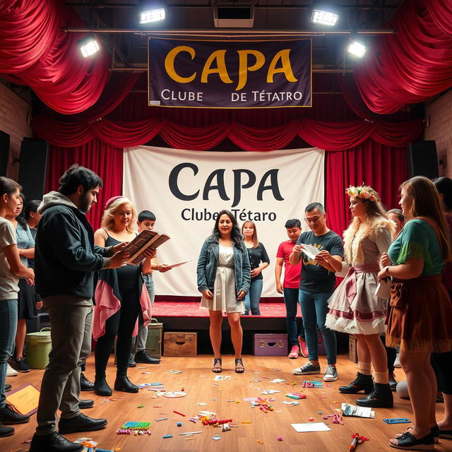 A vibrant theater club scene, featuring a diverse group of enthusiastic performers engaging in rehearsals