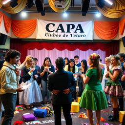 A vibrant theater club scene, featuring a diverse group of enthusiastic performers engaging in rehearsals