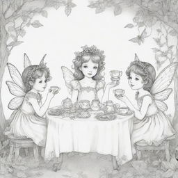 A serene, two-dimensional black and white outline of charming fairies having a delightful tea party for a colouring page.