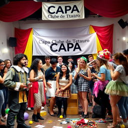 A vibrant theater club scene, featuring a diverse group of enthusiastic performers engaging in rehearsals