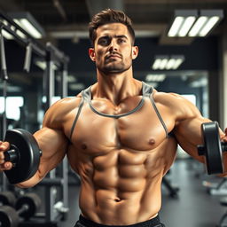 A powerful man showcasing a well-defined six-pack abdominal physique in a modern gym setting