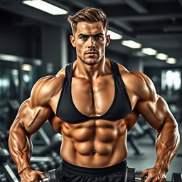 A powerful man showcasing a well-defined six-pack abdominal physique in a modern gym setting