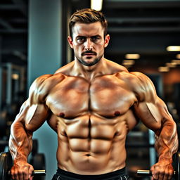 A powerful man showcasing a well-defined six-pack abdominal physique in a modern gym setting