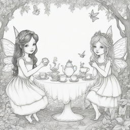 A serene, two-dimensional black and white outline of charming fairies having a delightful tea party for a colouring page.