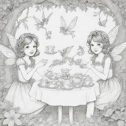 A serene, two-dimensional black and white outline of charming fairies having a delightful tea party for a colouring page.