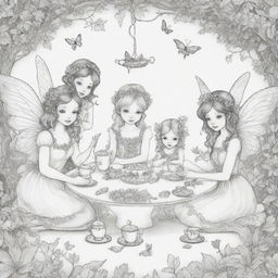 A serene, two-dimensional black and white outline of charming fairies having a delightful tea party for a colouring page.