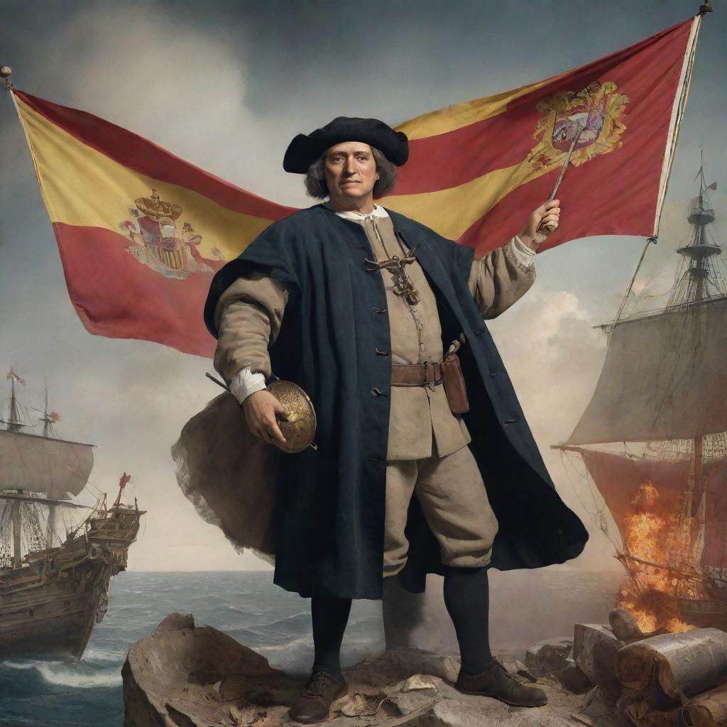 In the dynamic image of Christopher Columbus holding a Spanish flag, an addition of nautical tools like compass, astrolabe, and ancient maps scattered around, all presented against a backdrop of an explosive scene.