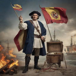 In the dynamic image of Christopher Columbus holding a Spanish flag, an addition of nautical tools like compass, astrolabe, and ancient maps scattered around, all presented against a backdrop of an explosive scene.