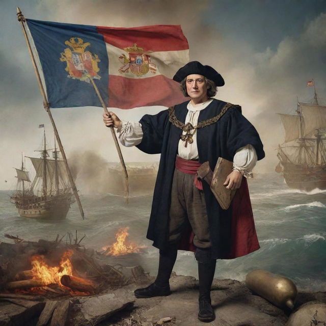 In the dynamic image of Christopher Columbus holding a Spanish flag, an addition of nautical tools like compass, astrolabe, and ancient maps scattered around, all presented against a backdrop of an explosive scene.