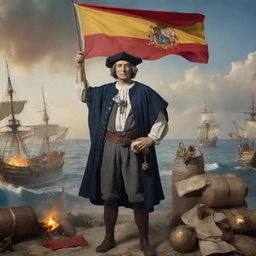 In the dynamic image of Christopher Columbus holding a Spanish flag, an addition of nautical tools like compass, astrolabe, and ancient maps scattered around, all presented against a backdrop of an explosive scene.