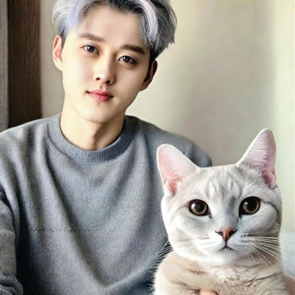 Generate a portrait of a handsome Korean individual with short, silver hair and captivating silver-gray eyes that mimic the allure of a cat's