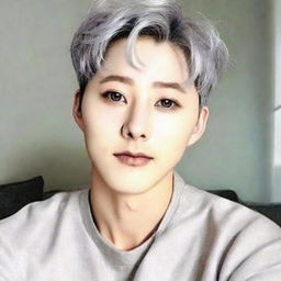 Generate a portrait of a handsome Korean individual with short, silver hair and captivating silver-gray eyes that mimic the allure of a cat's