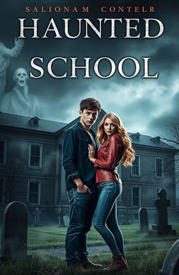 A novel cover depicting a haunted school built on a graveyard