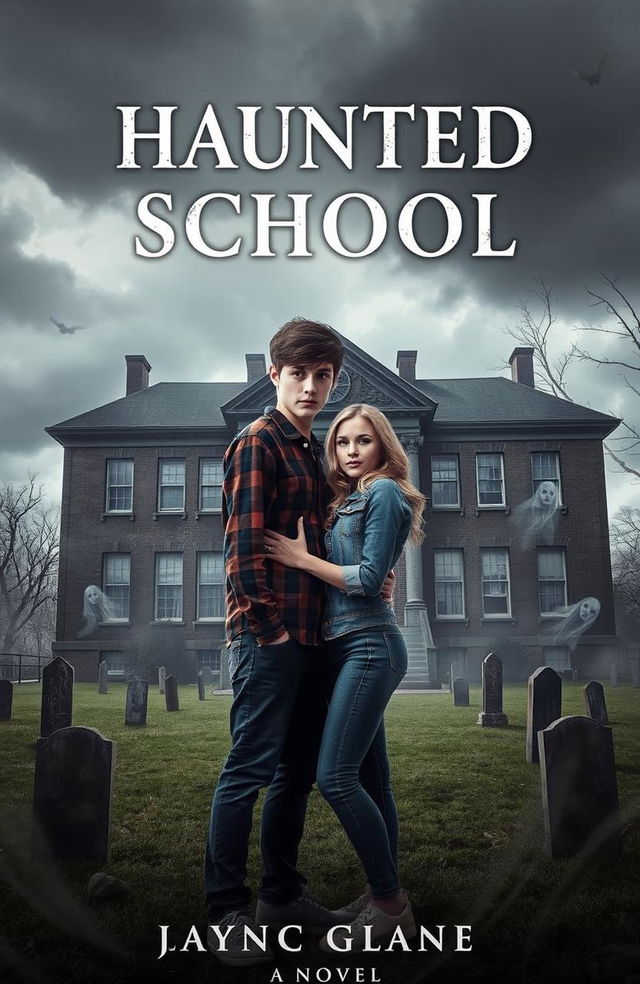 A novel cover depicting a haunted school built on a graveyard