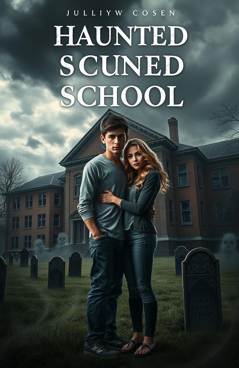 A novel cover depicting a haunted school built on a graveyard