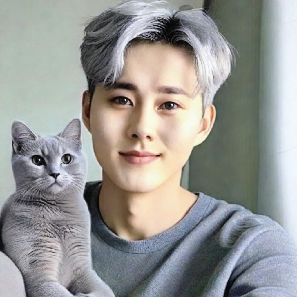 Generate a portrait of a handsome Korean individual with short, silver hair and captivating silver-gray eyes that mimic the allure of a cat's