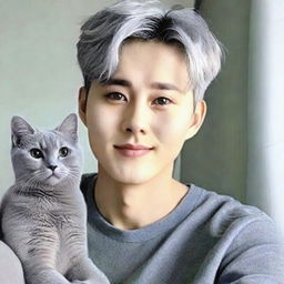 Generate a portrait of a handsome Korean individual with short, silver hair and captivating silver-gray eyes that mimic the allure of a cat's