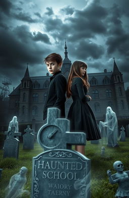 A captivating novel cover depicting a haunted high school built on a graveyard