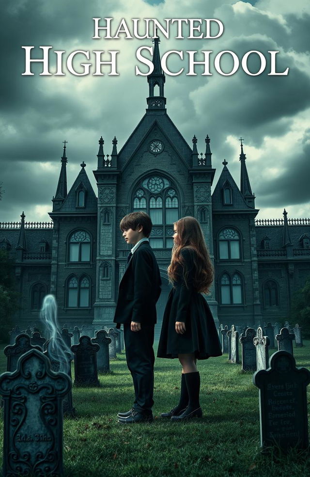 A captivating novel cover depicting a haunted high school built on a graveyard