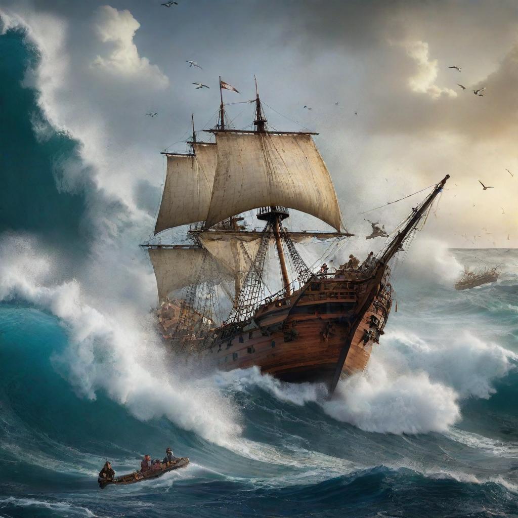 Increase the intensity of the Christopher Columbus image, featuring chaotic elements like wild sea waves, birds scrambling away and part of a ship split apart by the explosion in addition to the existing elements.