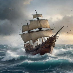 Increase the intensity of the Christopher Columbus image, featuring chaotic elements like wild sea waves, birds scrambling away and part of a ship split apart by the explosion in addition to the existing elements.