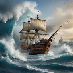 Increase the intensity of the Christopher Columbus image, featuring chaotic elements like wild sea waves, birds scrambling away and part of a ship split apart by the explosion in addition to the existing elements.