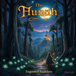 A captivating book cover illustration featuring a mystical forest at twilight