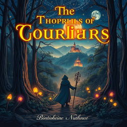 A captivating book cover illustration featuring a mystical forest at twilight