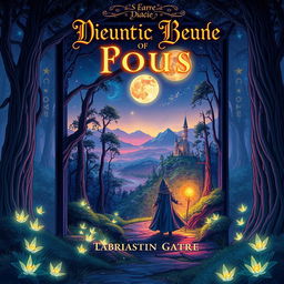 A captivating book cover illustration featuring a mystical forest at twilight