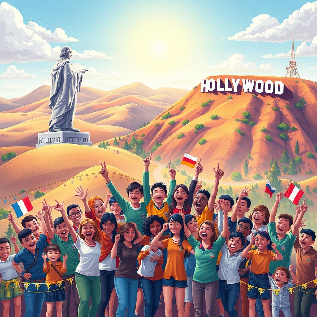 An imaginative and engaging illustration featuring a fantastical landscape as the background, incorporating famous landmarks like the Statue of Motherland from Ukraine on one side and the Hollywood sign from California on the other