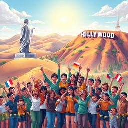 An imaginative and engaging illustration featuring a fantastical landscape as the background, incorporating famous landmarks like the Statue of Motherland from Ukraine on one side and the Hollywood sign from California on the other