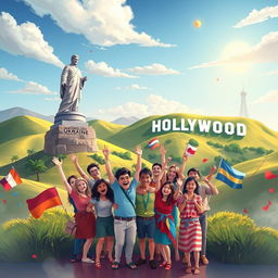 An imaginative and engaging illustration featuring a fantastical landscape as the background, incorporating famous landmarks like the Statue of Motherland from Ukraine on one side and the Hollywood sign from California on the other