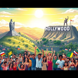 An imaginative and engaging illustration featuring a fantastical landscape as the background, incorporating famous landmarks like the Statue of Motherland from Ukraine on one side and the Hollywood sign from California on the other