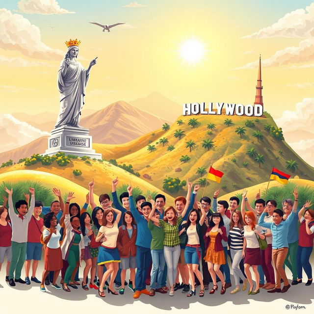 An imaginative and engaging illustration featuring a fantastical landscape as the background, incorporating famous landmarks like the Statue of Motherland from Ukraine on one side and the Hollywood sign from California on the other