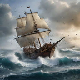 Increase the intensity of the Christopher Columbus image, featuring chaotic elements like wild sea waves, birds scrambling away and part of a ship split apart by the explosion in addition to the existing elements.