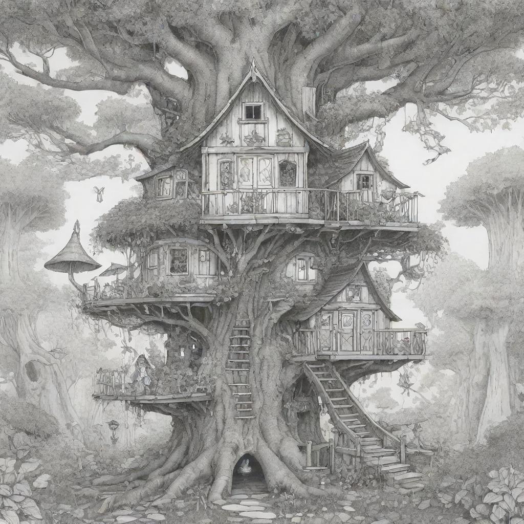 A magical, two-dimensional black and white outline of enchanting fairies in a cozy treehouse for a colouring page.