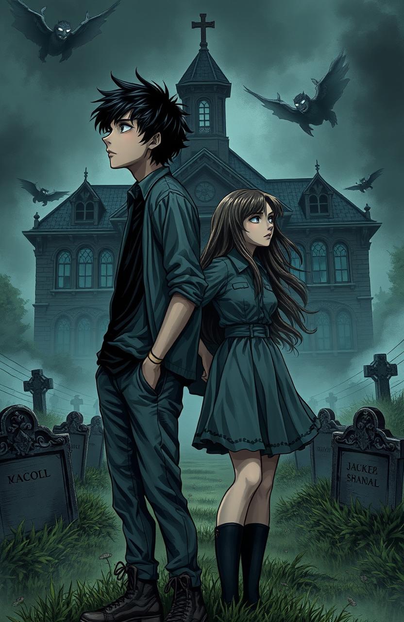 A chilling and captivating novel cover illustrating a haunted school built on a graveyard