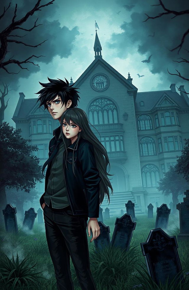 A chilling and captivating novel cover illustrating a haunted school built on a graveyard