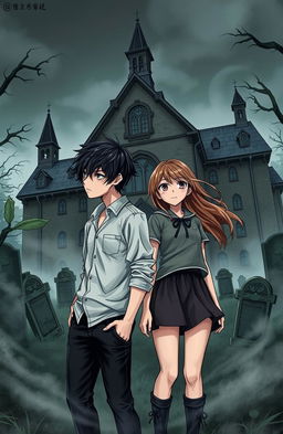 A chilling and captivating novel cover illustrating a haunted school built on a graveyard