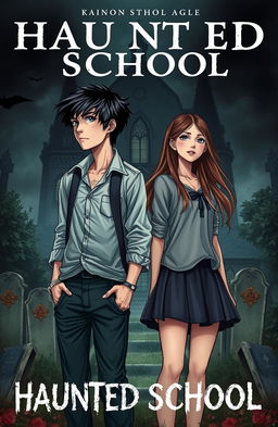 A chilling and captivating novel cover illustrating a haunted school built on a graveyard