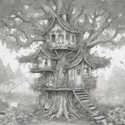 A magical, two-dimensional black and white outline of enchanting fairies in a cozy treehouse for a colouring page.