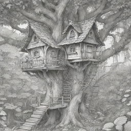 A magical, two-dimensional black and white outline of enchanting fairies in a cozy treehouse for a colouring page.