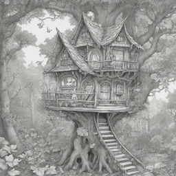 A magical, two-dimensional black and white outline of enchanting fairies in a cozy treehouse for a colouring page.