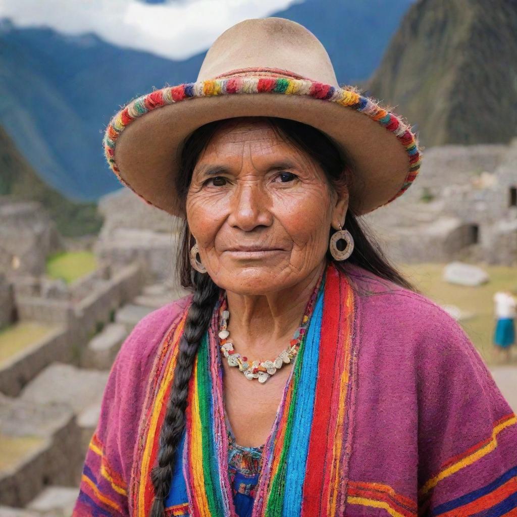 A captivating image of a Peruvian person, possibly surrounded by authentic Peruvian elements such as the Machu Picchu, traditional clothing, or vibrant local markets.