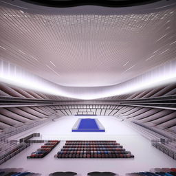 An architectural design of a vast modern indoor stadium, with large seating arrangement, a bright light system hanging from the roof, and a sleek polished competition area in the center.