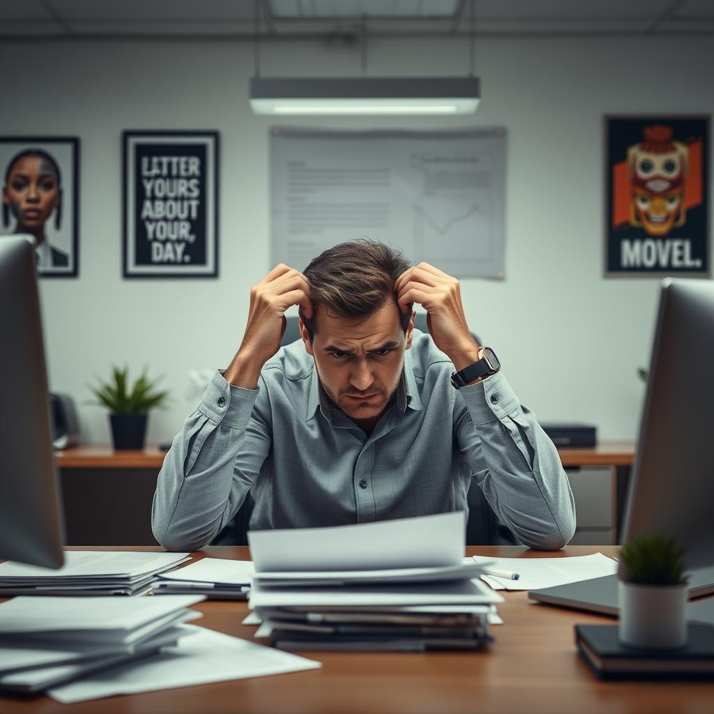 An upset man sitting at his desk in a modern office environment, surrounded by paperwork and a computer