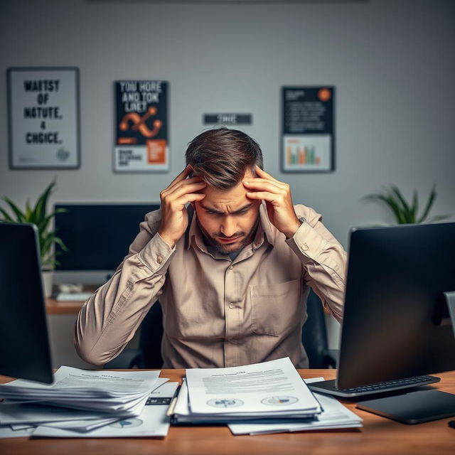 An upset man sitting at his desk in a modern office environment, surrounded by paperwork and a computer